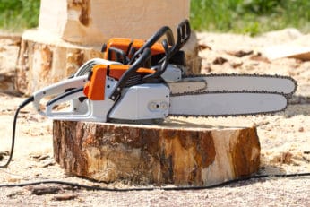 corded and cordless chainsaws on a tree stump