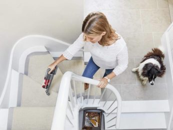 a lady cleaning the stairs with a dog beside her