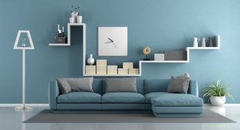 large square timepiece in blue living room